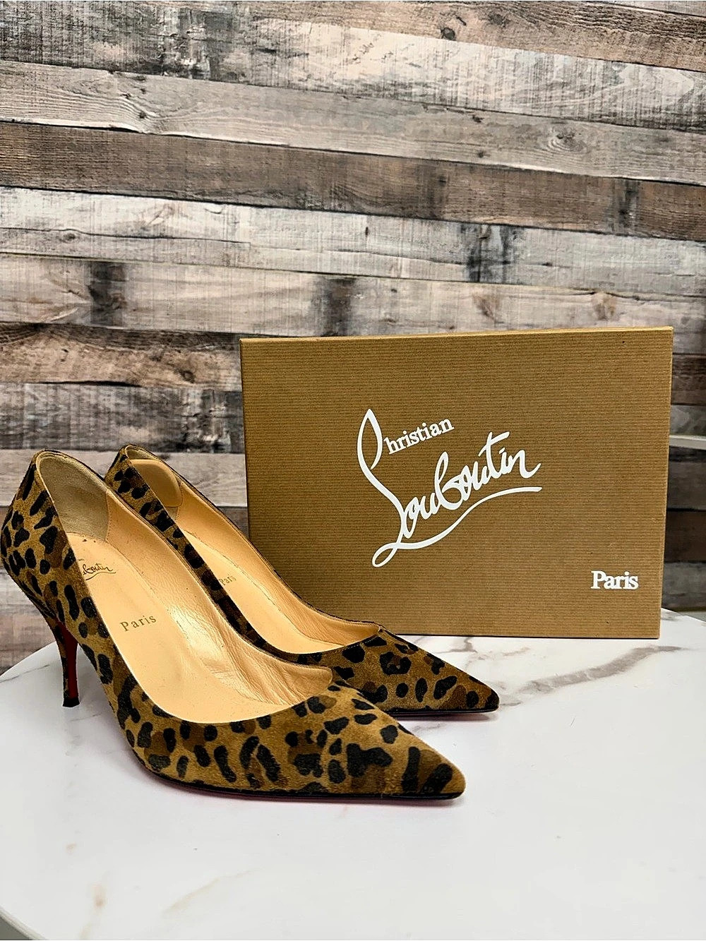 Christian Louboutin Suede Leopard Print Pointed Toe Pump